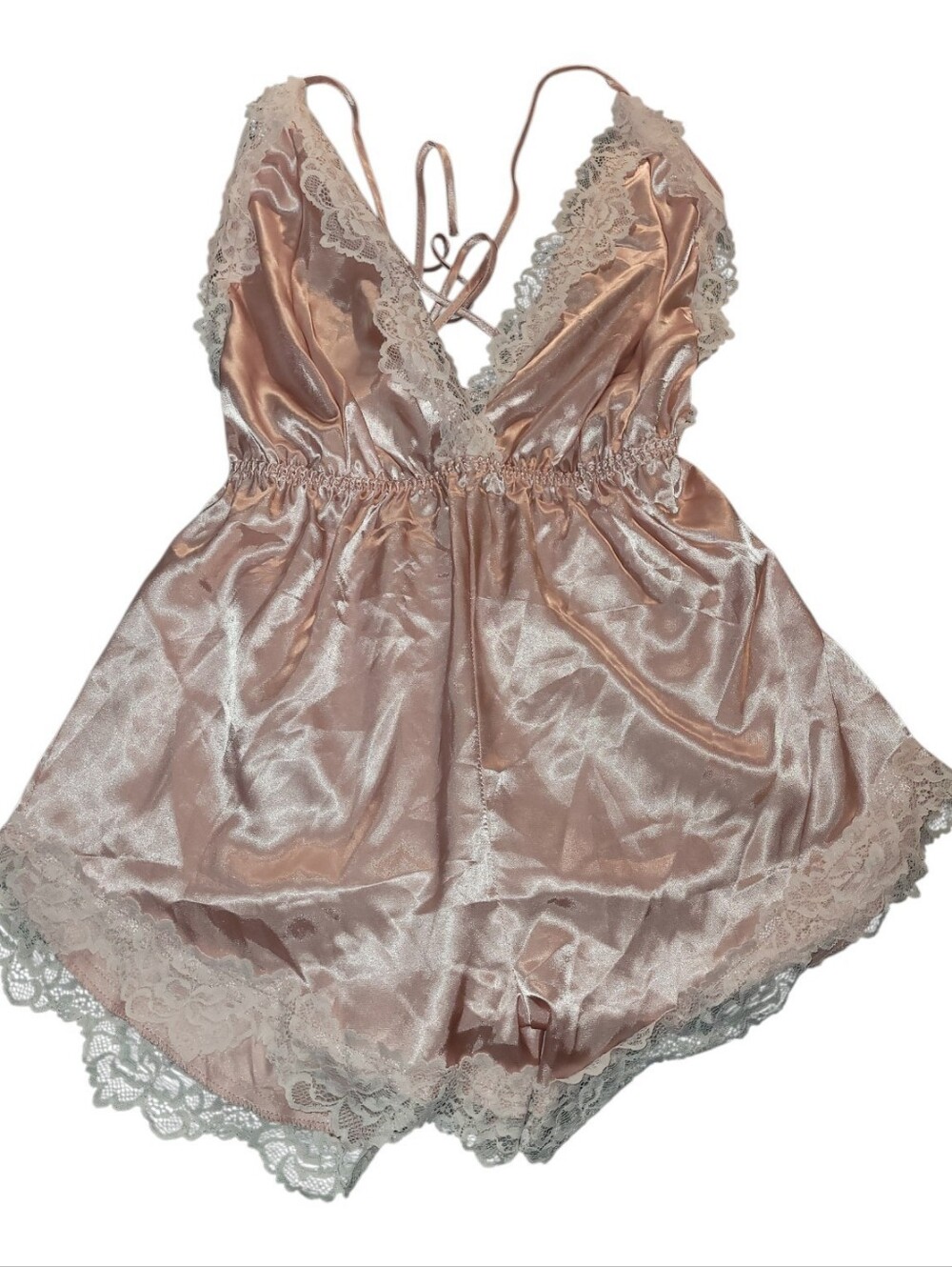 Pink Satin Lingerie Romper Lace Trim Sexy Feminine L